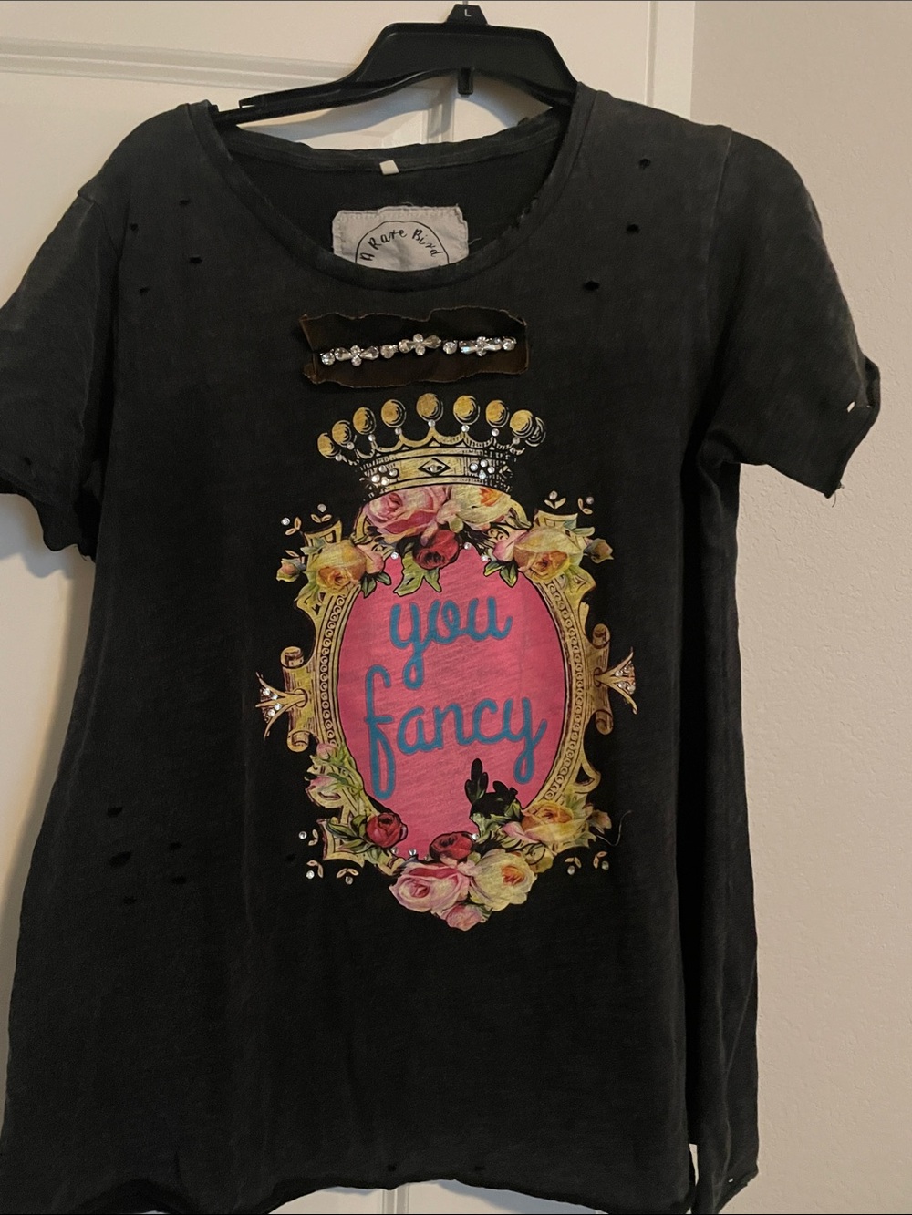 You Fancy Graphic Black Women’s Tee with Embellished Crest small medium in size